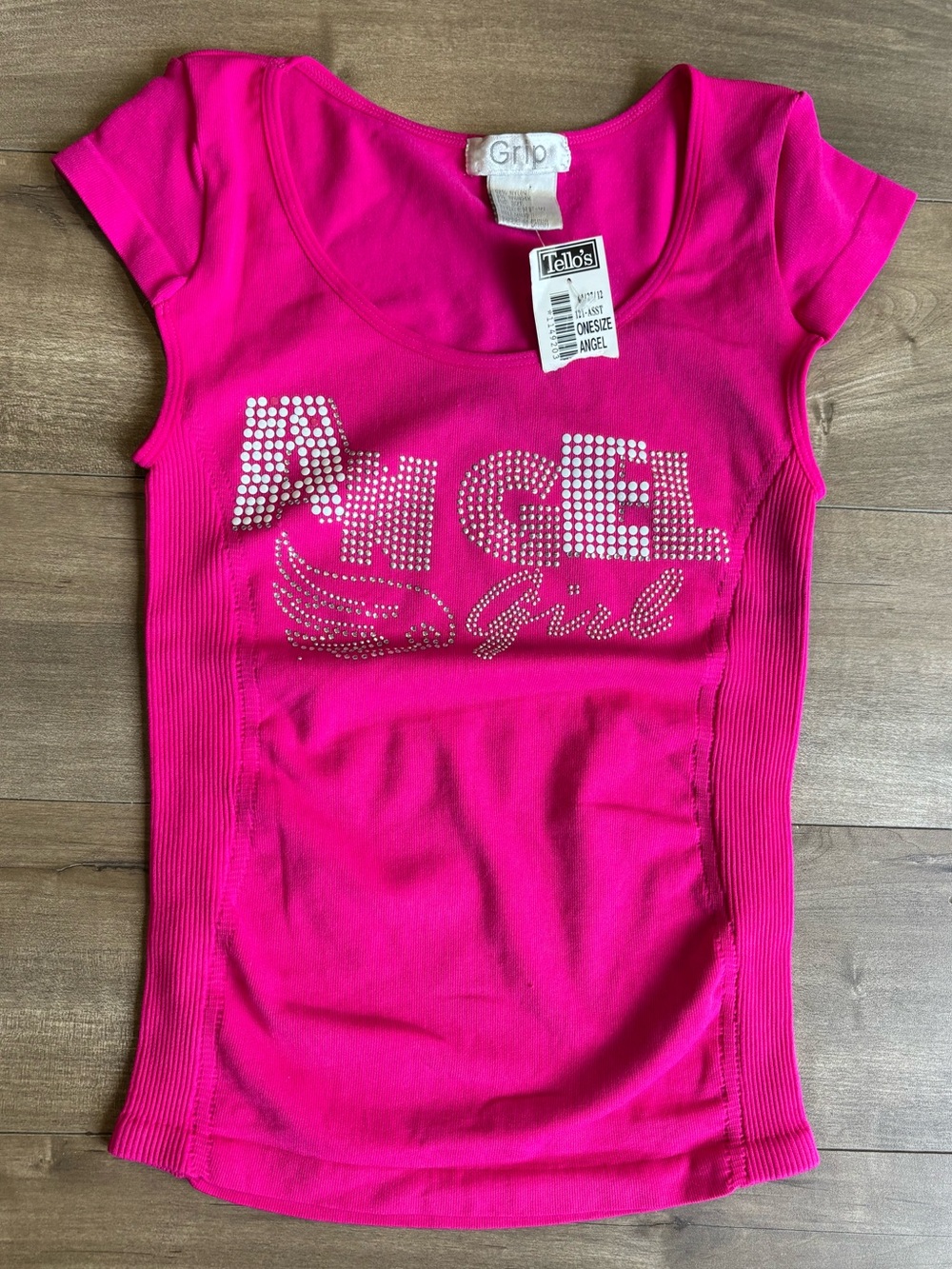 NWT Vintage Y2K Hot Pink Rhinestone Angel Girl Ribbed Top Cap Sleeve One Size